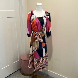 Trina Turk Red and Pink Wrap Midi Dress with Raglan Sleeves